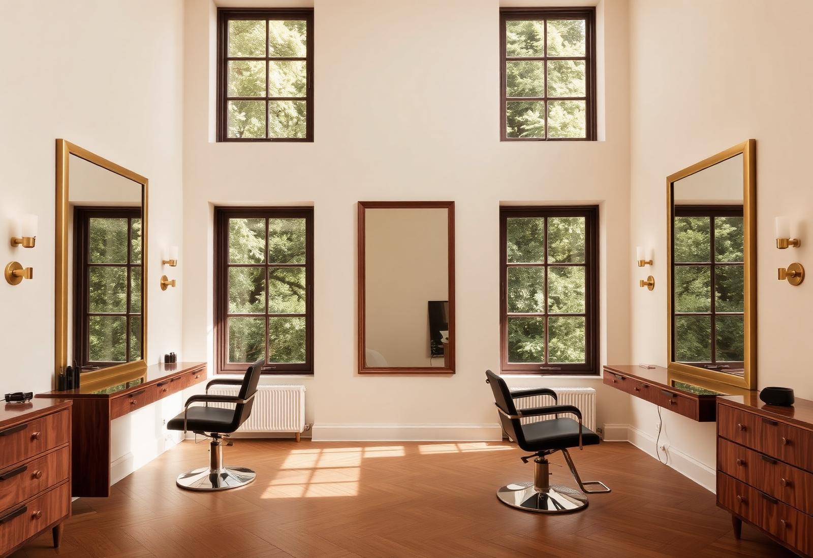 Interior of Lune & Mane studio with cream walls and brass details